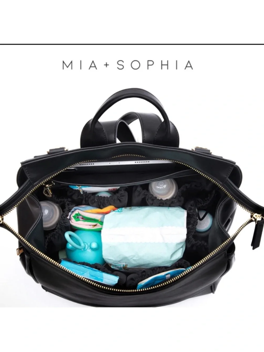 Mia + Sophia Black Faux Leather Diaper Bag Classic Minimalist Cute Baby Chic Bag